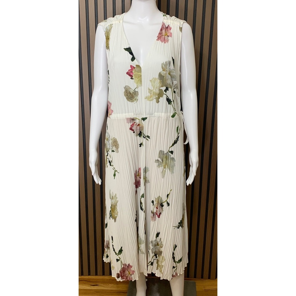 Vince Floral Micro Pleated Sleeveless Midi Dress Cream White V-Neck Size M